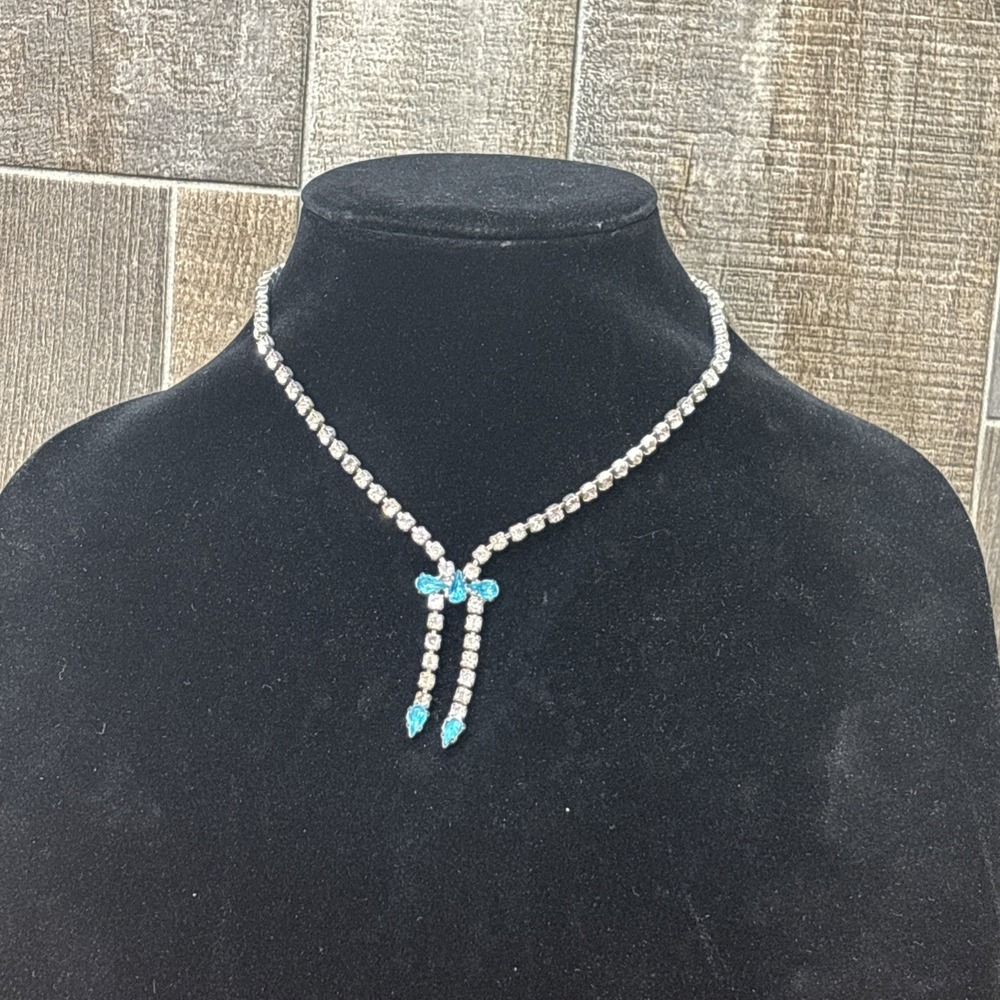 Vintage 1950s 60s CARNE Jewelry Blue Rhinestone Bow Y Drop Necklace